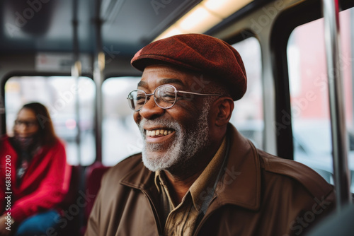 Happy adult african american man in bus or tram.