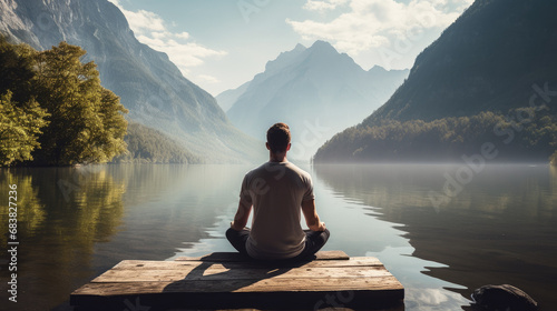 Rear view of a man doing yoga against the backdrop of a lake in the majestic mountains