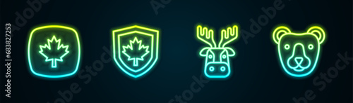 Set line Canadian maple leaf, Canada flag on shield, Deer head with antlers and Bear. Glowing neon icon. Vector