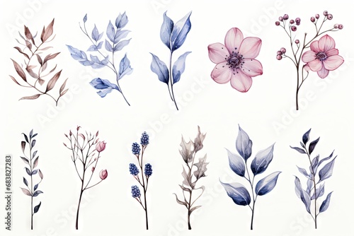 Abstract watercolor flowers  leaves  branches. Boho and multiple color palette with a white background. Vector  floral clipart.