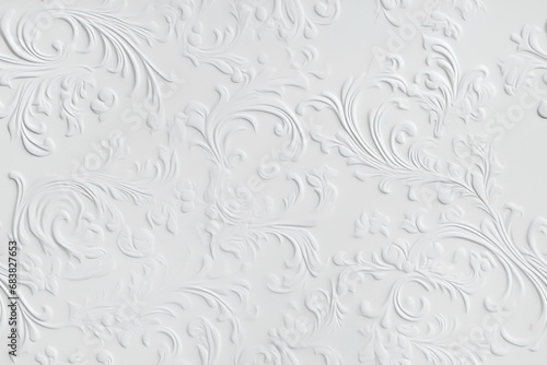 Seamless Elegant White Plaster Floral Ornament. Detailed floral ornate plasterwork on seamless wall surface