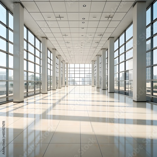 The empty hall of an office or medical institution with panoramic windows and a perspective
