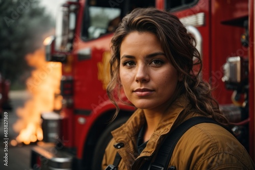Confident woman fireman wearing protective uniform standing next to a fire engine in a garage of a fire department looking at a camera
