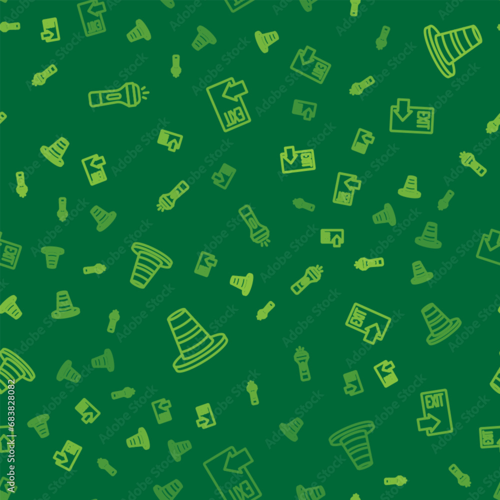 Set line Flashlight, Traffic cone and Fire exit on seamless pattern. Vector Set line Flashlight, Traffic cone and Fire exit on seamless pattern. Vector