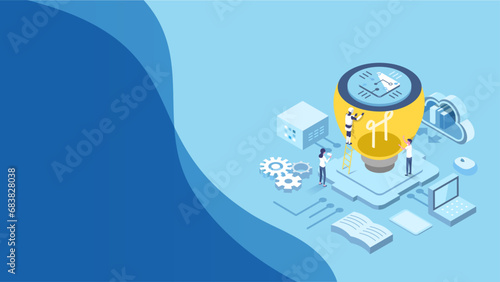 vector isometric background illustraion of business lightbulb idea concept with people and Artificial intelligence
