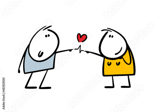 Doodle couple in love stretch out their hands to each other, touch with their fingers and emit an electric current. Vector illustration of man and woman met with heart.