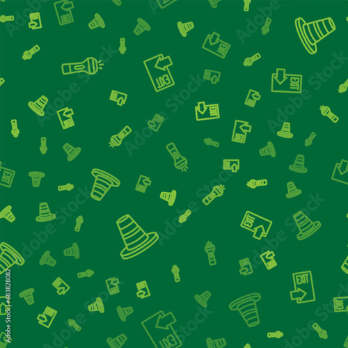 Set line Flashlight, Traffic cone and Fire exit on seamless pattern. Vector