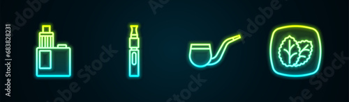 Set line Vape mod device, Electronic cigarette, No pipe smoking and Tobacco leaf. Glowing neon icon. Vector