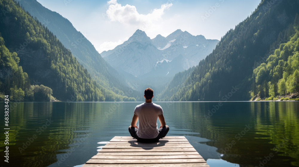 Rear view of a man doing yoga against the backdrop of a lake in the majestic mountains - obrazy, fototapety, plakaty 