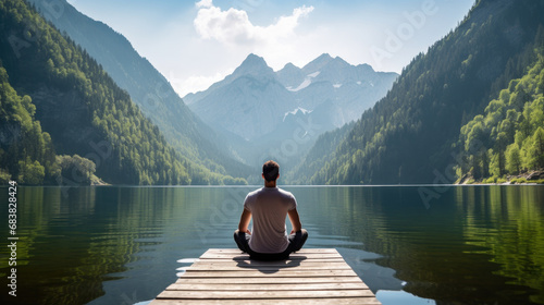 Rear view of a man doing yoga against the backdrop of a lake in the majestic mountains photo