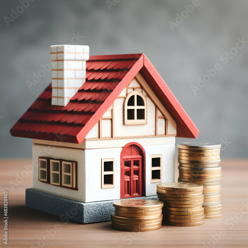 Small Model House with Stacks of Lots of Coins in Front on a Wood Table. Business Finance, Banking. Property Investment Real Estate Pay Residential Mortgage & Home Buy Sell Rental Saving Money Concept photo