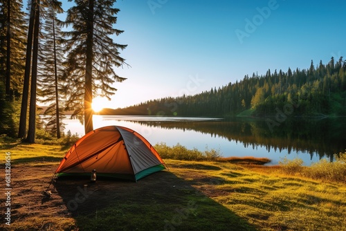 Camping tent on the shore of a lake at sunset.