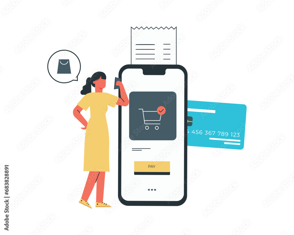 Online shopping concept. Woman with credit card and mobile phone. Vector illustration in flat style