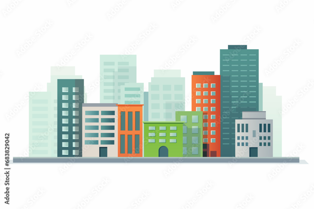 Cityscape with tall skyscrapers, office buildings of different colors and shops. Business district of the city. Vector illustration.