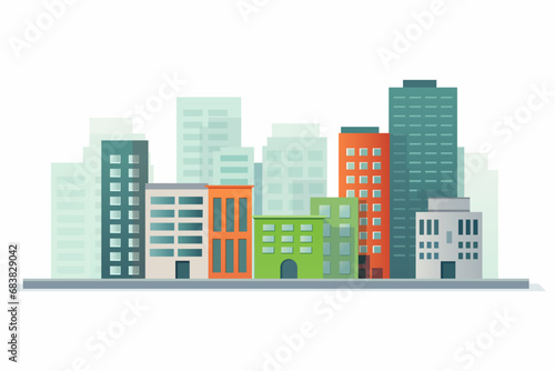 Cityscape with tall skyscrapers  office buildings of different colors and shops. Business district of the city. Vector illustration.