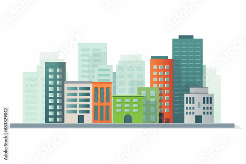 Cityscape with tall skyscrapers, office buildings of different colors and shops. Business district of the city. Vector illustration.