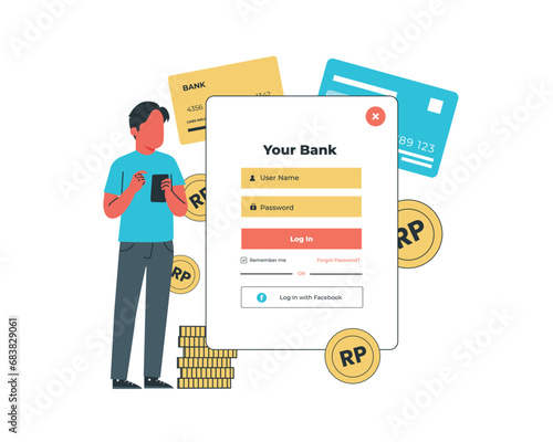 Payment online service concept. Man with smartphone and credit card. Vector illustration in flat style