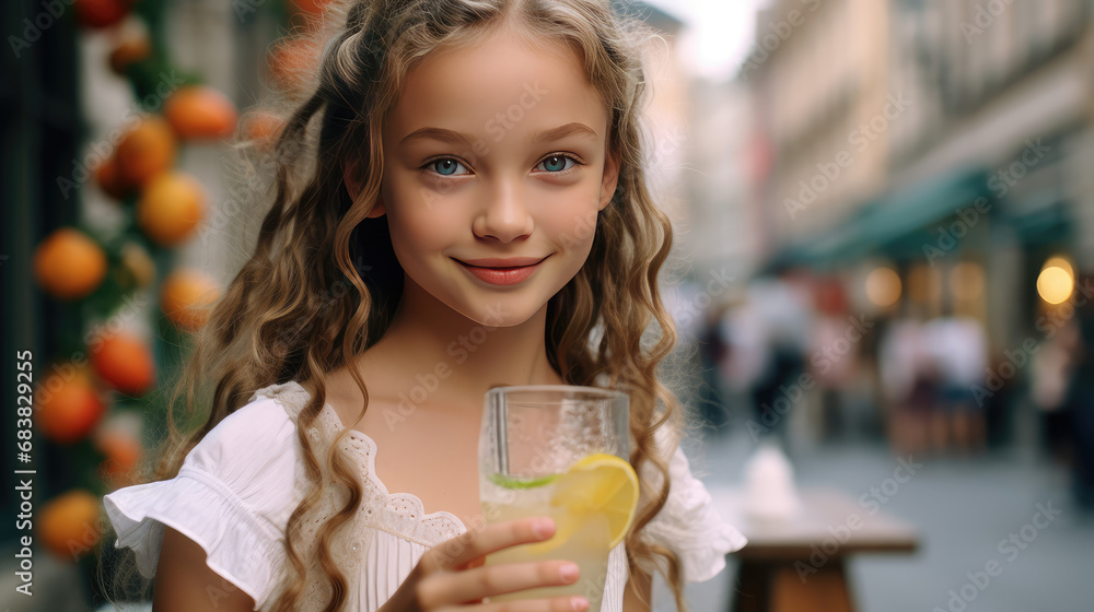 Cute little blond girl selling homemade lemonade on the street. Kids first summer job, a refreshing lemon drink. Cute little blond girl selling homemade lemonade on the street. Kids first summer job, a refreshing lemon drink.