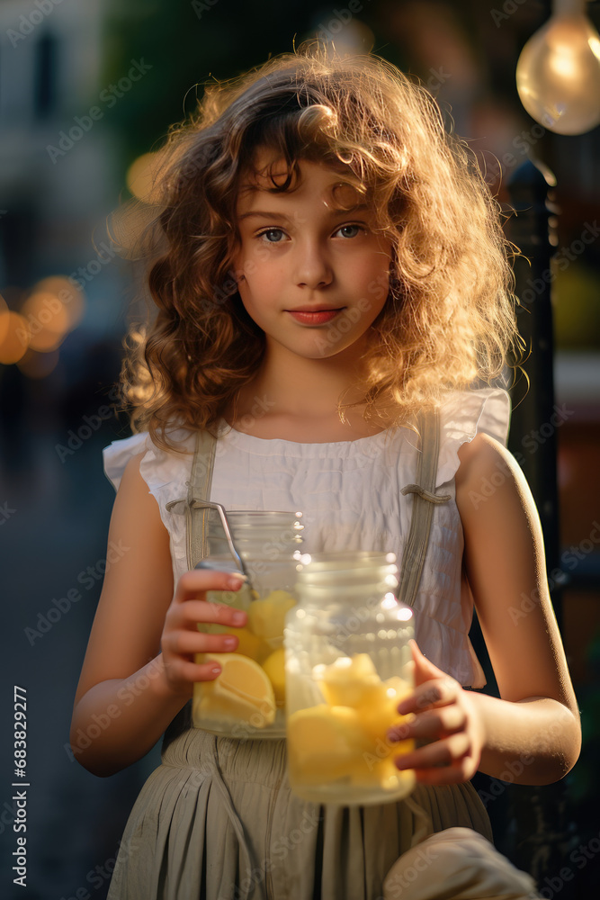 Cute little girl selling homemade lemonade on the street. Kids first summer job, a refreshing lemon drink, vertical format. Cute little girl selling homemade lemonade on the street. Kids first summer job, a refreshing lemon drink, vertical format.