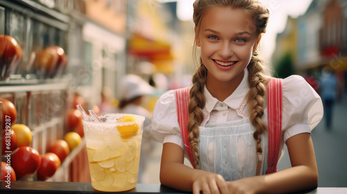 Cute little girl selling homemade lemonade on the street. Kids first summer job, a refreshing lemon drink.