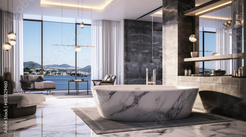 Luxurious white bathroom with marble finishes and Jacuzzi tub. 3d render style interior design of expensive premium bathroom with euro renovation.