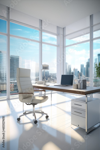 Modern office interior with panoramic windows and city views. 3d render style of interior design of business room interior for work or negotiations, vertical.
