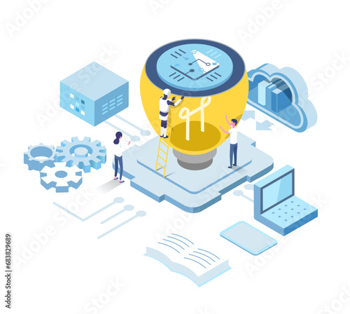 ector isometric illustraion of business lightbulb idea concept with people and Artificial intelligence