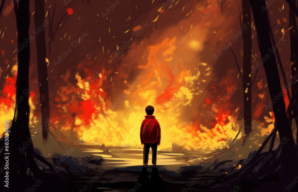 Digital illustration painting design style boy standing is in fire burning the forest at night time, Generative AI