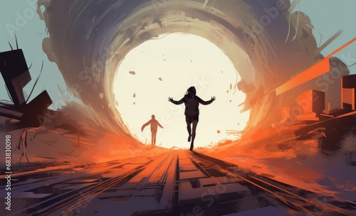 Digital illustration painting design style a man walking to levitating woman and using psychokinesis, against abandoned sanctuary, Generative AI photo