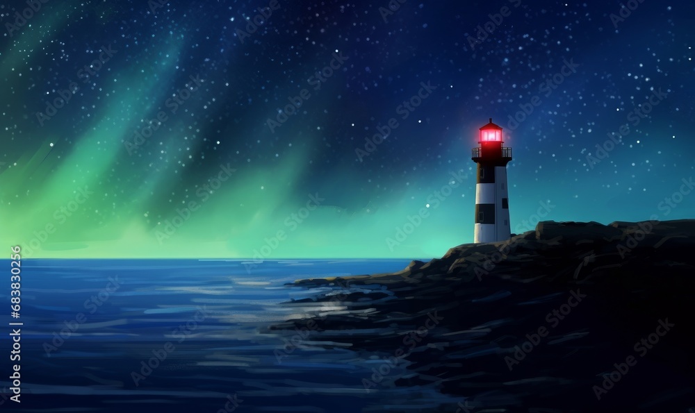 a Lighthouse in starry night and north light, digital art illustration painting, Generative AI - obrazy, fototapety, plakaty 
