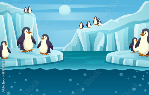Group of penguin in antarctica scene . Vector .