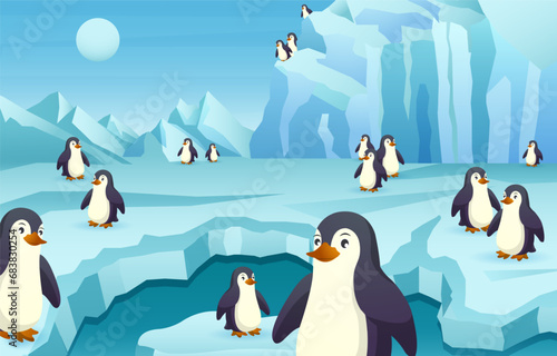 Group of penguin in antarctica scene . Vector .
