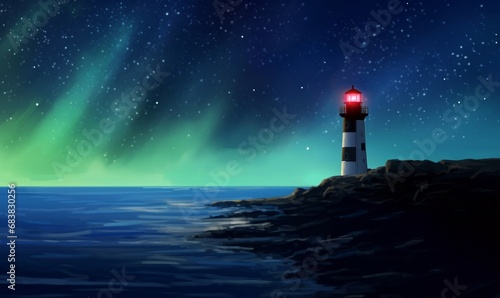 a Lighthouse in starry night and north light, digital art illustration painting, Generative AI photo