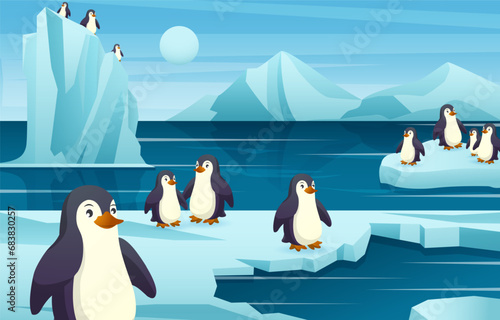 Group of penguin in antarctica scene . Vector .