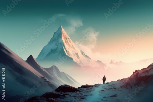 a man standing on the snow mountain, peaceful, solitude concept, Generative AI © Ananya