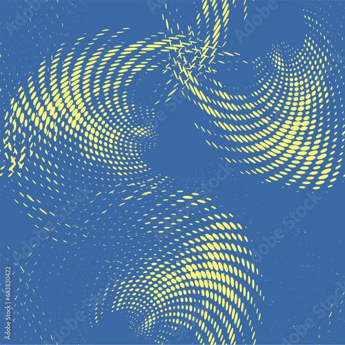 Seamless pattern of golden polka dots or dotted flows, arranged radially and twisted in a spiral. Vector.