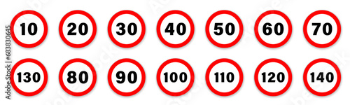 Speed limit signs collection. Speed limit signboard vector icons.