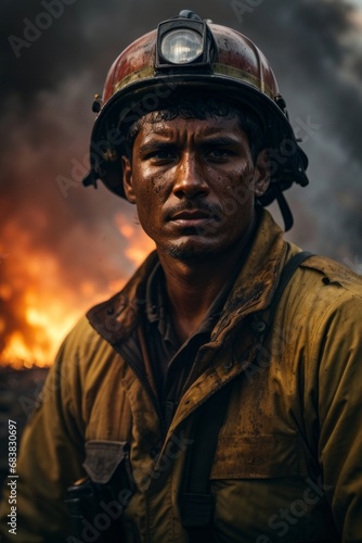 Close-up portrait of a male firefighter wearing a uniform and helmet against the background of a fire with smoke. © liliyabatyrova