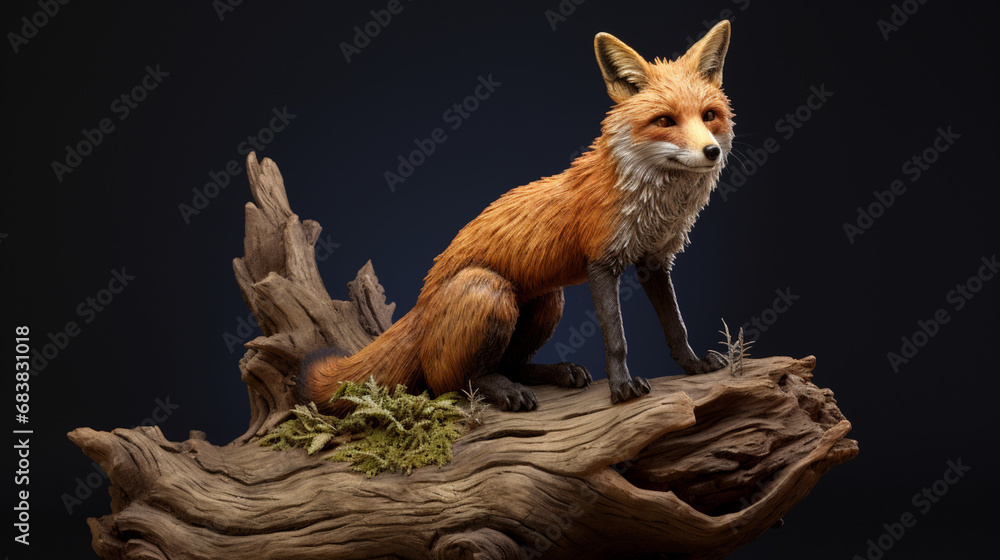 Fox on stump. An young red fox quietly looking around from a large stump in spring. generative ai