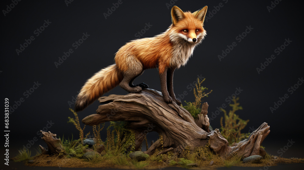 Fox on stump. An young red fox quietly looking around from a large stump in spring. generative ai