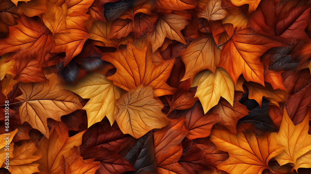 close up of red and orange maple leaves, autumn background
