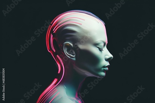 Profile Android human retro futuristic illustration, Generative AI