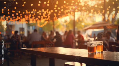a cold drink and group of people  defocused  at a summer outdoor restaurant and bar  sunny warm lights and soft bokeh  during golden hour