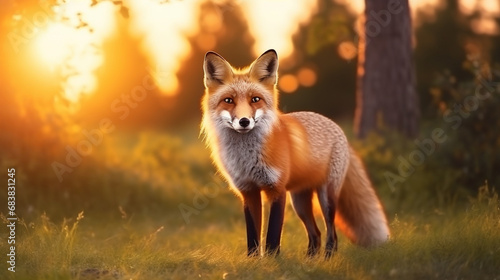 Fox sunset, orange evening light. Orange fur coat animal in the nature habitat. Fox. generative ai