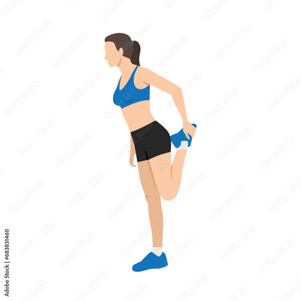 Woman doing quadriceps stretch, cool down exercise. Balance pose, flexibility improvement. Flat vector illustration isolated on white background Woman doing quadriceps stretch, cool down exercise. Balance pose, flexibility improvement. Flat vector illustration isolated on white background