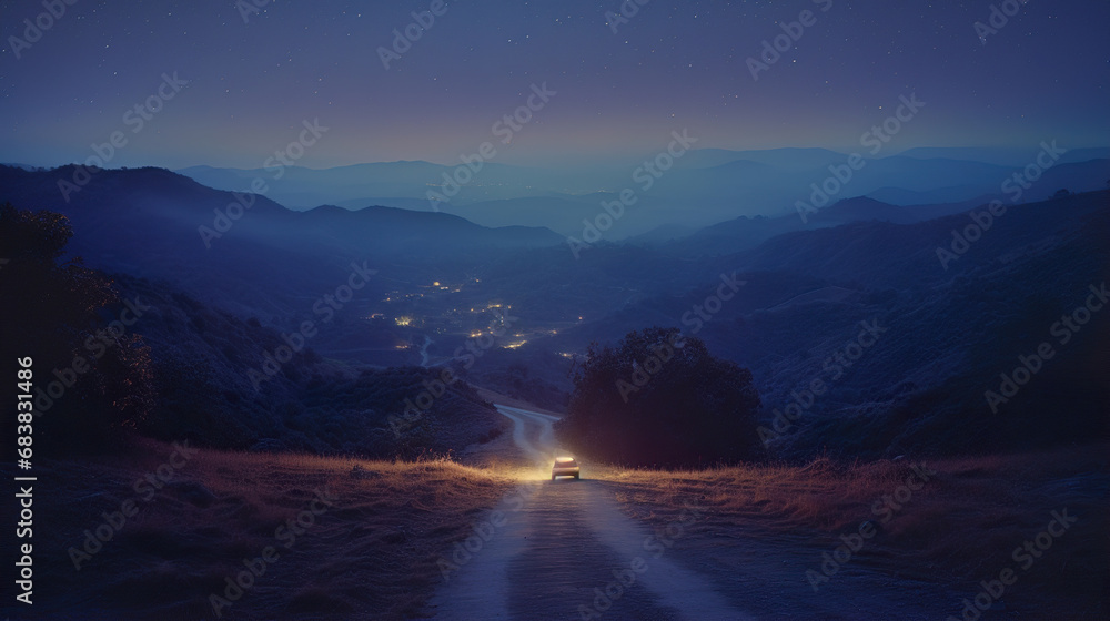 A car driving down a winding road at night. Generative Ai