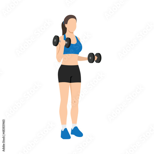 Woman doing Half static Dumbbell bicep curls exercise. Flat vector illustration isolated on white background