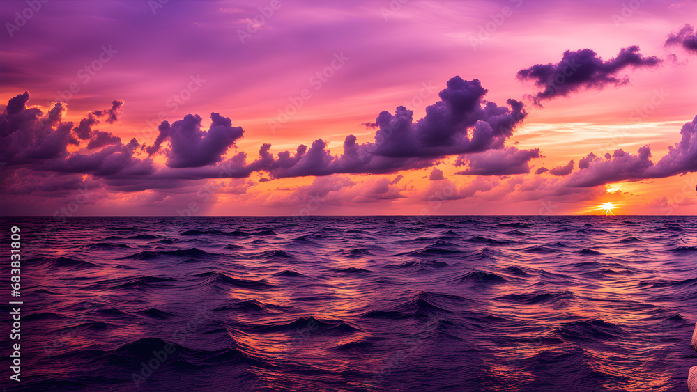 Heavy sunset under the sea with pink tones in the sky and reflection of sun on water surface, black clouds, bright orange-pink highlights