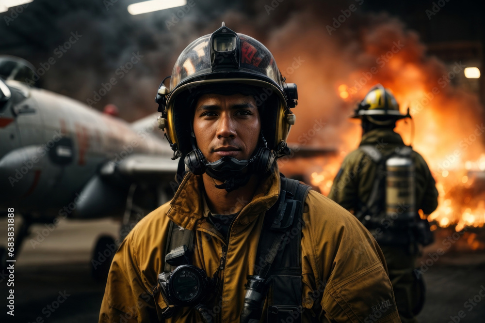 Close-up portrait of a male firefighter wearing a uniform and helmet against the background of a burning plane.