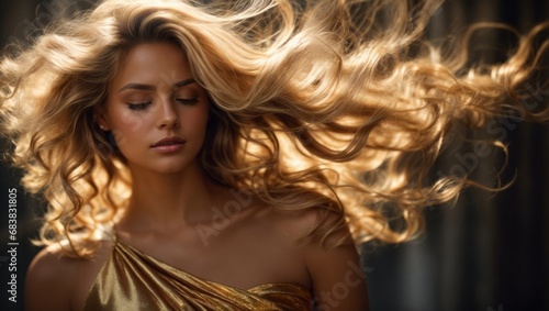 Portrait of a blonde woman with beautiful hair wearing a golden dress